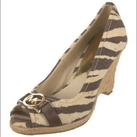 Michael Kors Safari Zebra Print Open Peep Toe Wedges Size 8.5 - Picture 2 of 8